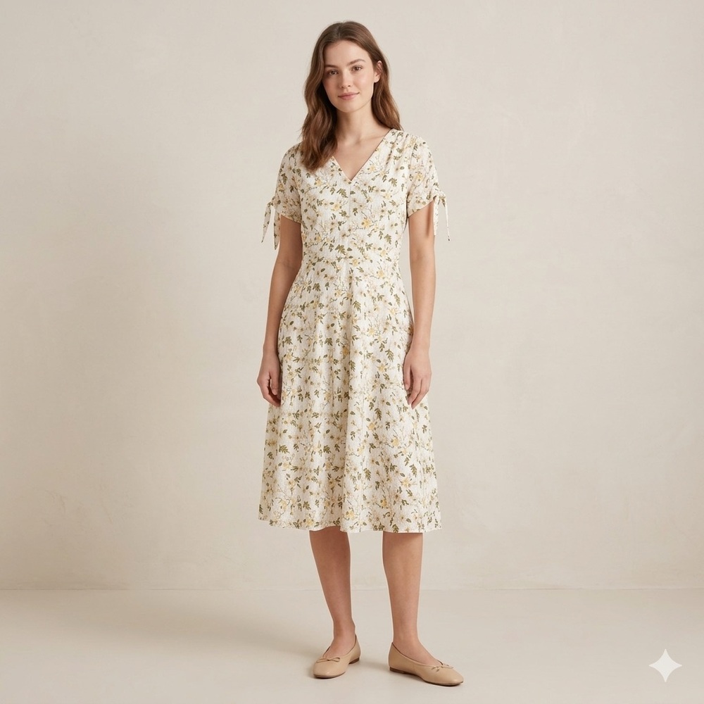 R&K Cream‎ Floral V-Neck Midi Dress